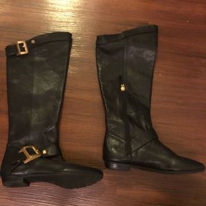 BCBG Leather knee high boots with gold buckles